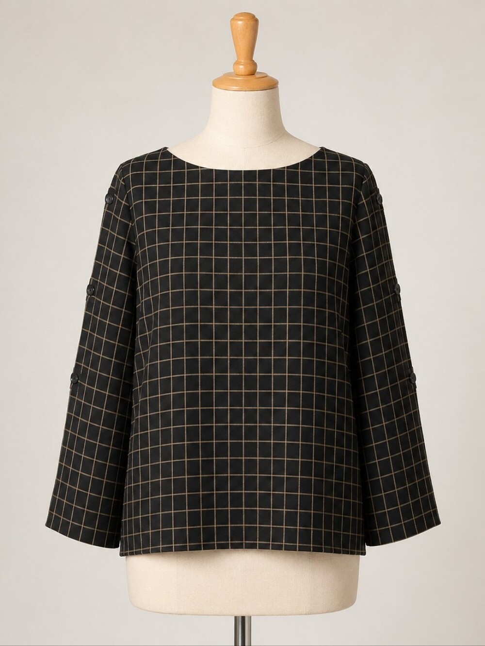 J. Jill Ponte Knit Boxy Tunic Black Tan Windowpane Check Button Trim Womens XL